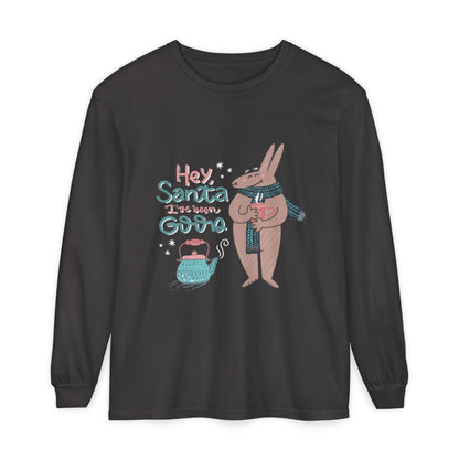 Hey Santa I’ve Been Good Long Sleeve T-Shirt — Cute Bunny Christmas Holiday Top
