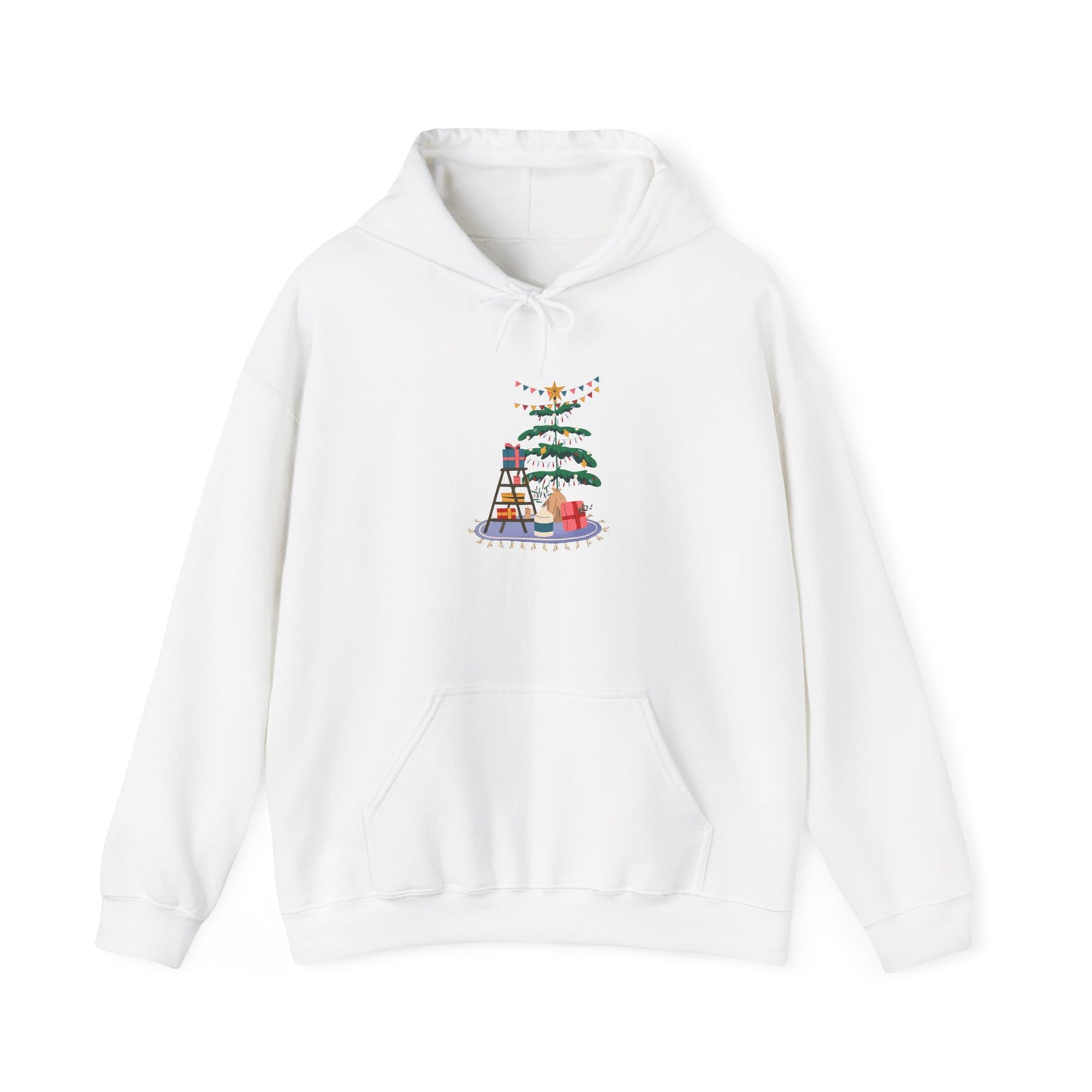 Christmas Tree Decorating Hoodie — Cozy Holiday Scene with Presents & String Lights