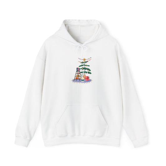 Christmas Tree Decorating Hoodie — Cozy Holiday Scene with Presents & String Lights