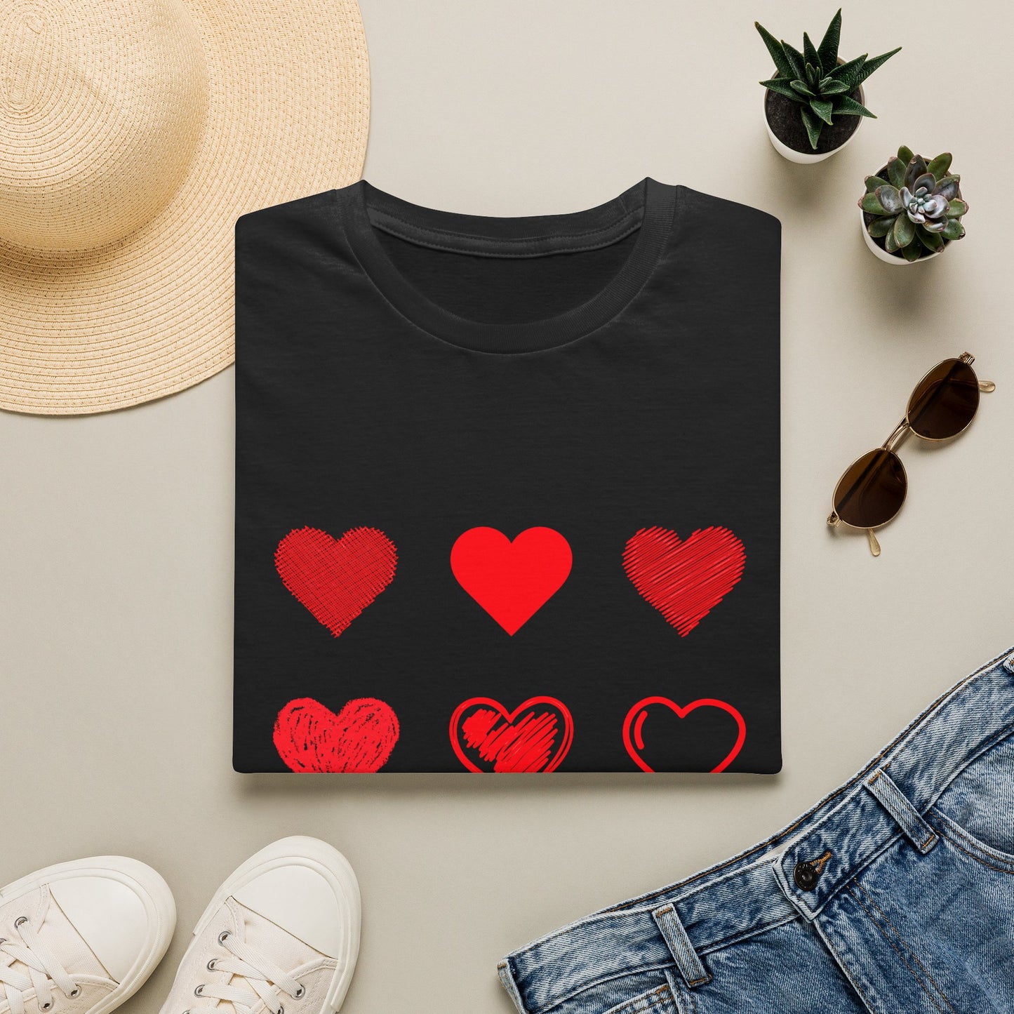 Heart Icons T-Shirt — Red Sketch & Filled Heart Graphic Tee for Valentine’s Day