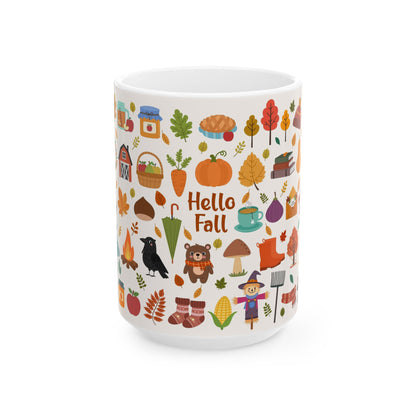 Autumn Harvest Ceramic Mug - Hello Fall Design, Cozy Kitchen Decor, Seasonal Gift, Cute Drinkware for Autumn Lovers, Perfect for [...] - MaisonThreadory
