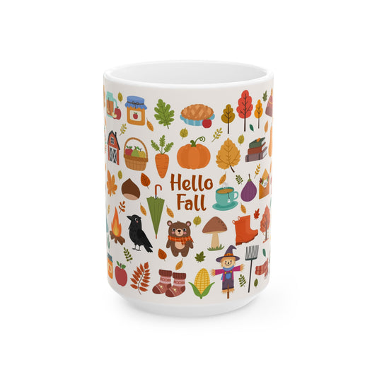 Autumn Harvest Ceramic Mug - Hello Fall Design, Cozy Kitchen Decor, Seasonal Gift, Cute Drinkware for Autumn Lovers, Perfect for [...] - MaisonThreadory