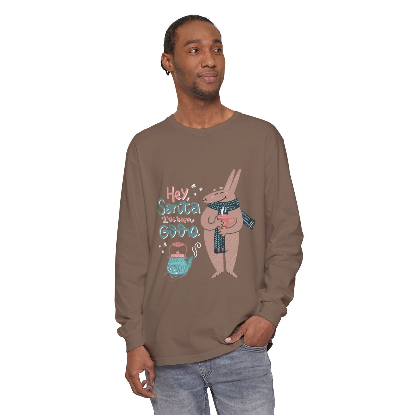 Hey Santa I’ve Been Good Long Sleeve T-Shirt — Cute Bunny Christmas Holiday Top