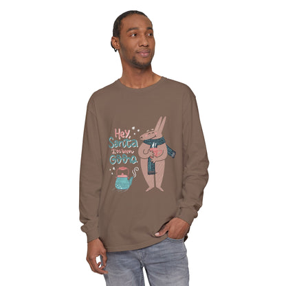 Hey Santa I’ve Been Good Long Sleeve T-Shirt — Cute Bunny Christmas Holiday Top