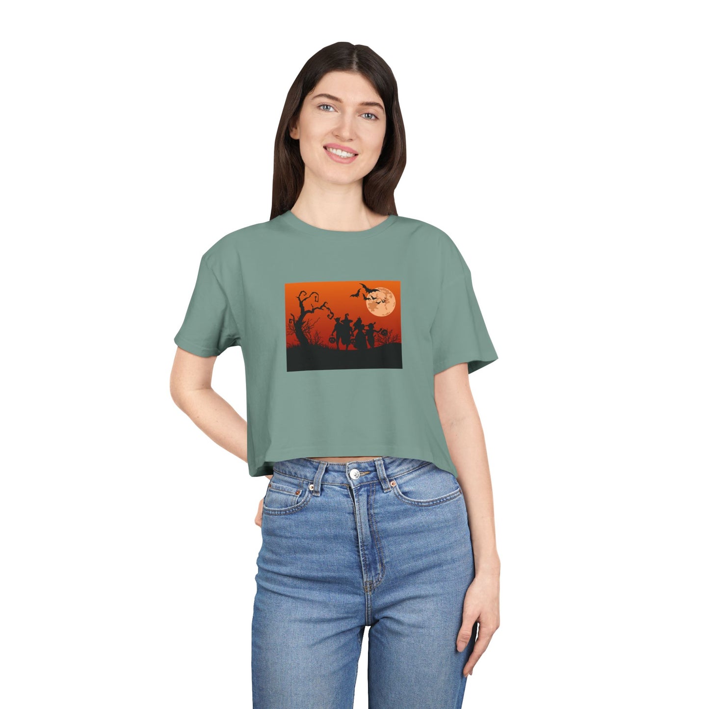 Spooky Autumn Women's Crop Tee, Halloween Shirt, Casual Fall Top, Trendy Graphic Tee, Seasonal Fashion, Gift for Her