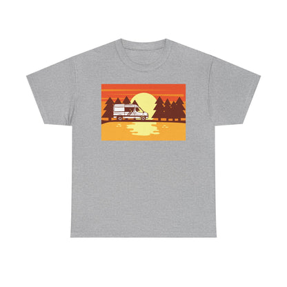 Retro Sunset Camper Unisex Heavy Cotton Tee, Vintage T-Shirt, Camping Apparel, Summer Shirt, Gift for Travel Lovers - MaisonThreadory
