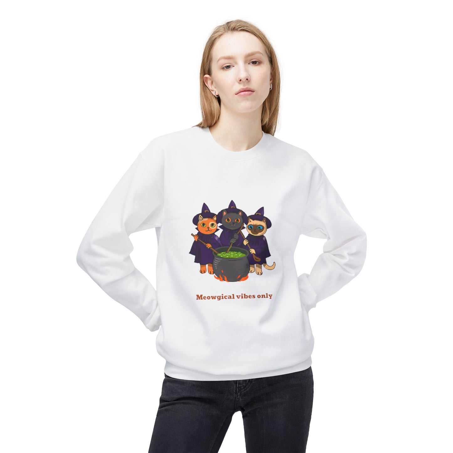 Whimsical Halloween Cat Crewneck Sweatshirt, Cozy Fall Fashion, Pumpkin Spice Sweater, Cute Cat Lovers Gift, Spooky Season Apparel - MaisonThreadory