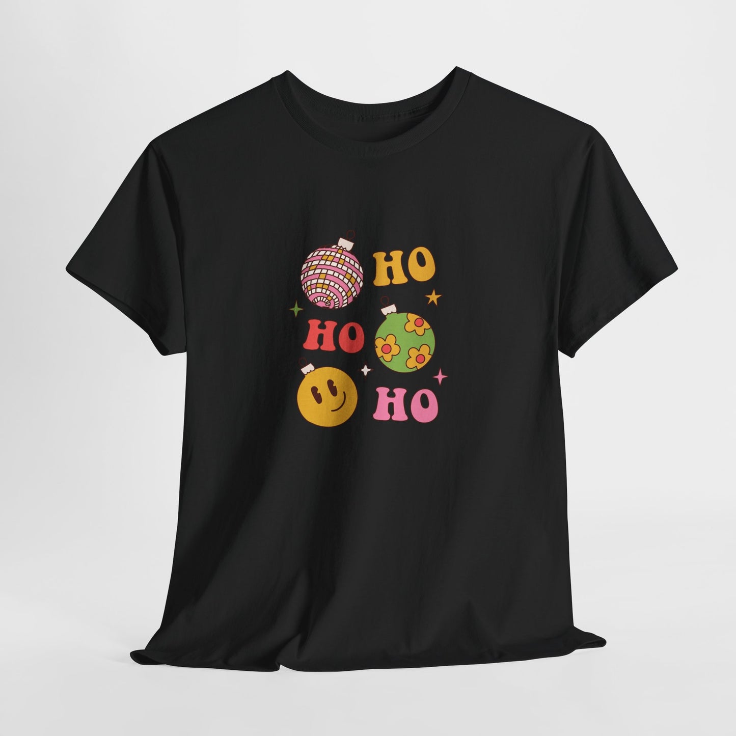 Holiday Ho Ho Ho Graphic Tee — Retro Ornaments & Smiley Face Christmas Shirt