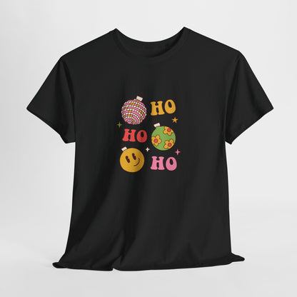 Holiday Ho Ho Ho Graphic Tee — Retro Ornaments & Smiley Face Christmas Shirt