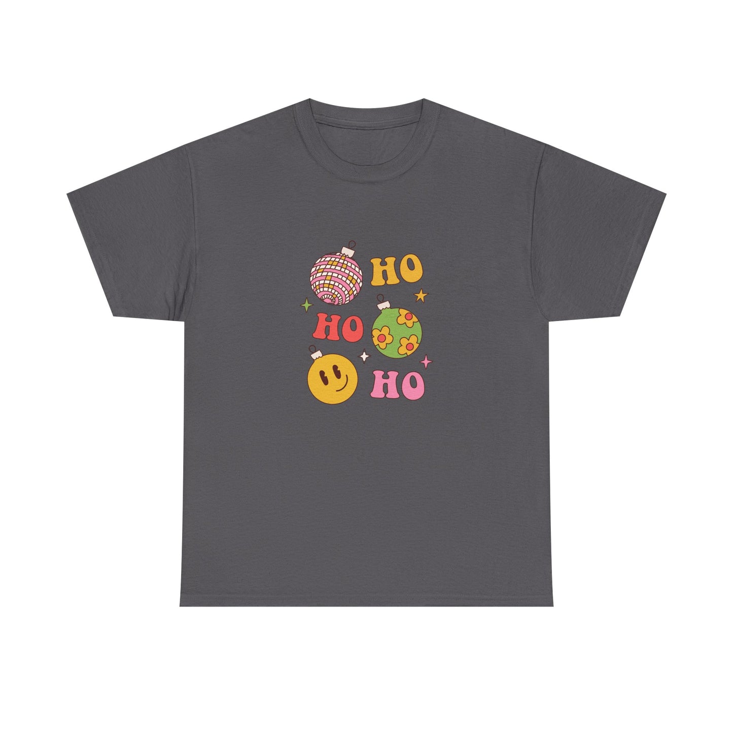Holiday Ho Ho Ho Graphic Tee — Retro Ornaments & Smiley Face Christmas Shirt