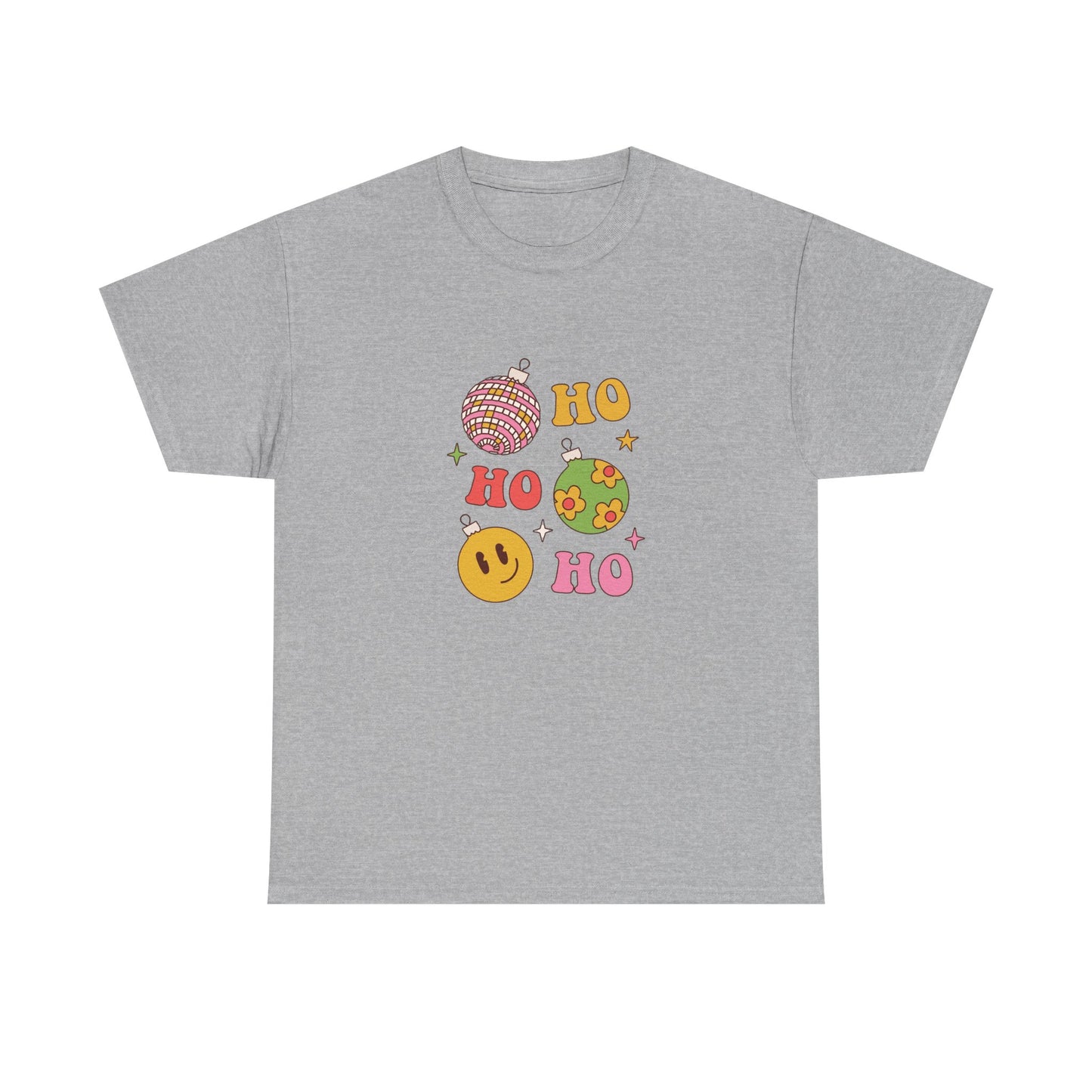 Holiday Ho Ho Ho Graphic Tee — Retro Ornaments & Smiley Face Christmas Shirt