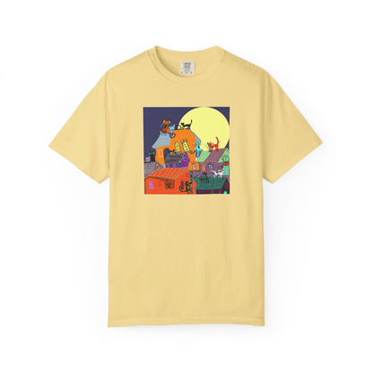 Moonlit Canine Adventure T-Shirt, Unisex Dog Lover Tee, Garment-Dyed Graphic Top, Pet-Themed Gift, Casual Wear