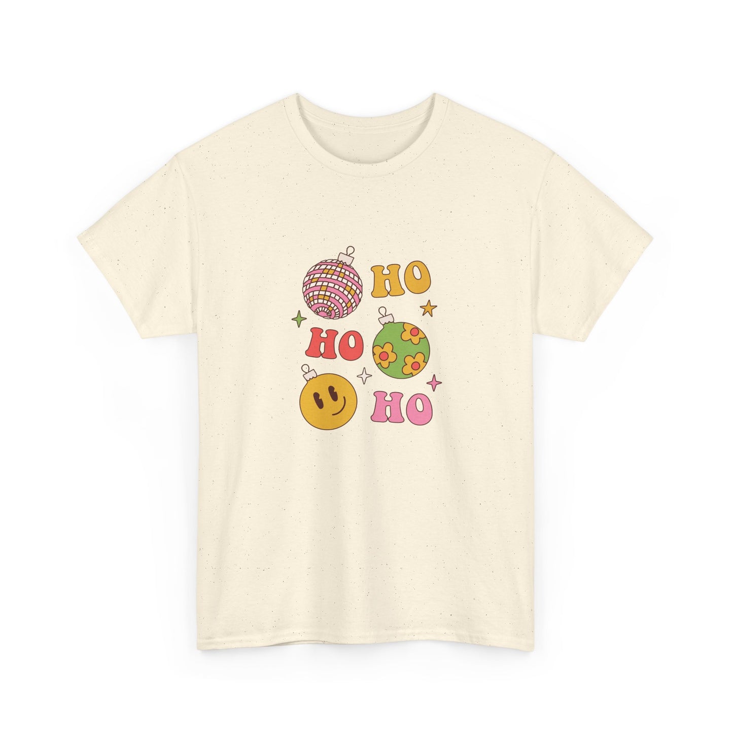 Holiday Ho Ho Ho Graphic Tee — Retro Ornaments & Smiley Face Christmas Shirt