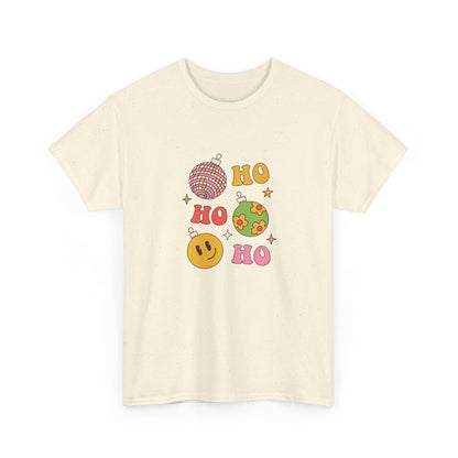 Holiday Ho Ho Ho Graphic Tee — Retro Ornaments & Smiley Face Christmas Shirt