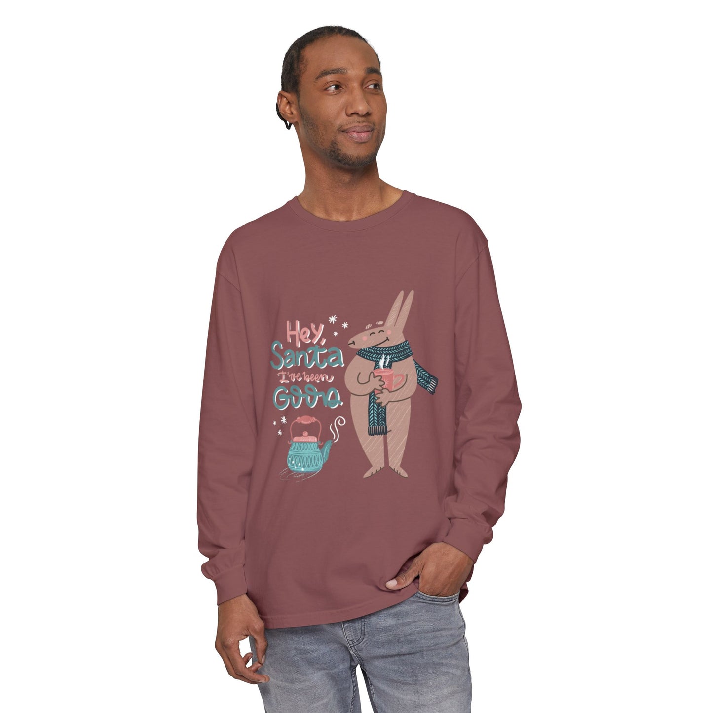 Hey Santa I’ve Been Good Long Sleeve T-Shirt — Cute Bunny Christmas Holiday Top