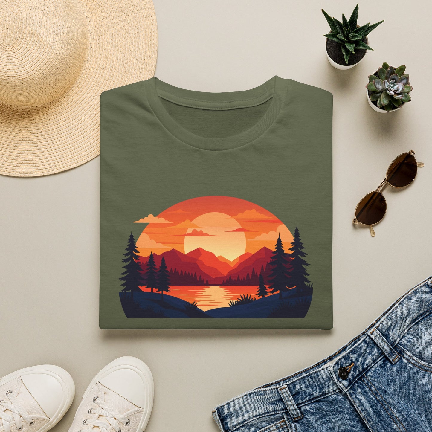 Sunset Mountain Lake T-Shirt — Retro Nature Graphic Tee for Outdoors Lovers