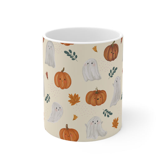 Autumn Ghosts Mug, Fall Coffee Cup, Halloween Drinkware, Cute Pumpkin Mug, Seasonal Ceramic Mug - MaisonThreadory