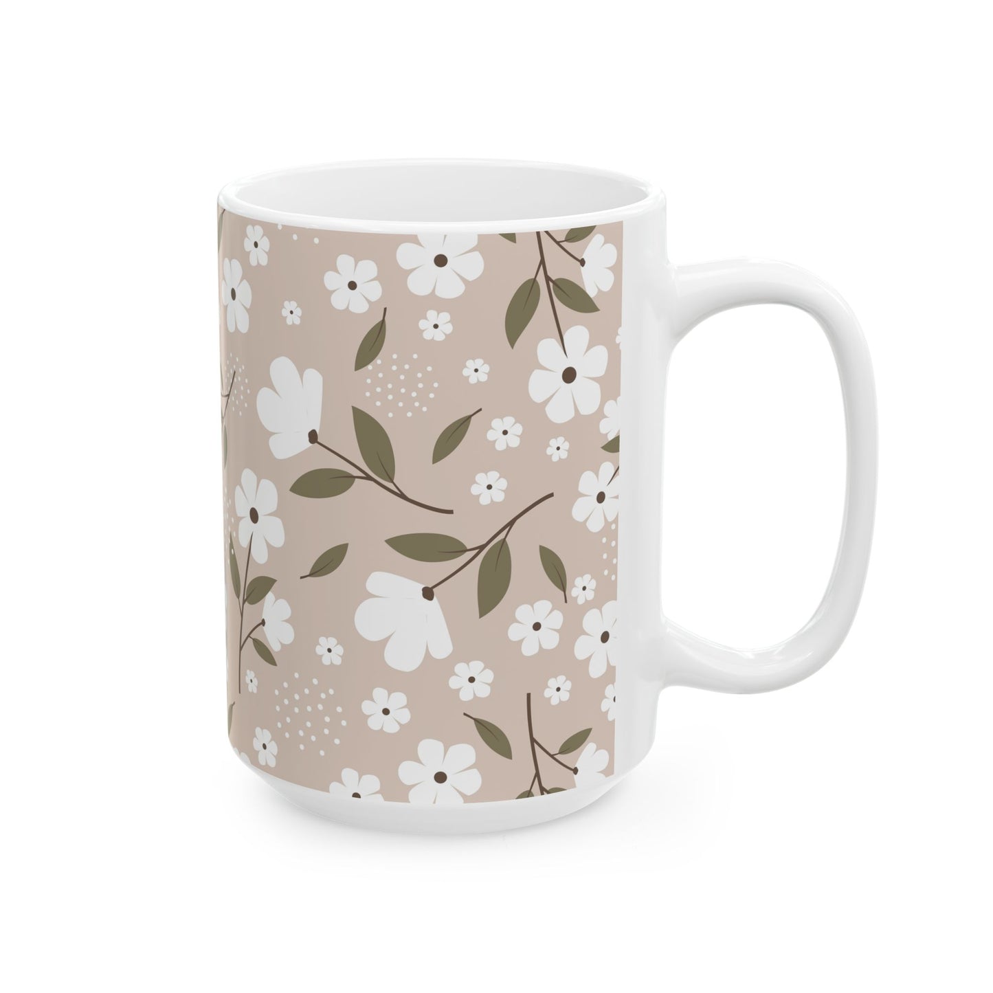 Floral Beige Ceramic Mug — White Blossom Pattern Coffee Cup (11oz & 15oz)