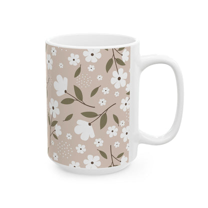 Floral Beige Ceramic Mug — White Blossom Pattern Coffee Cup (11oz & 15oz)