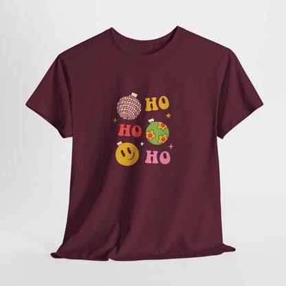 Holiday Ho Ho Ho Graphic Tee — Retro Ornaments & Smiley Face Christmas Shirt