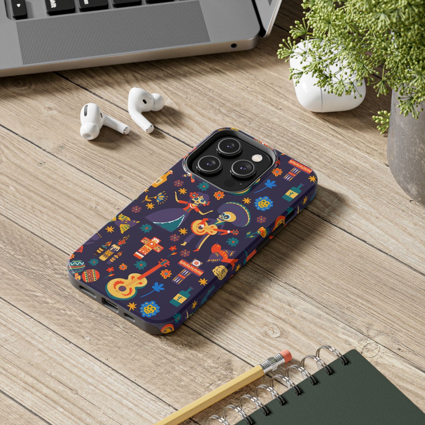Colorful Dia de los Muertos Phone Case, Tough Case for Halloween, Gift for Music Lovers, Floral Phone Cover, Sugar Skull Art