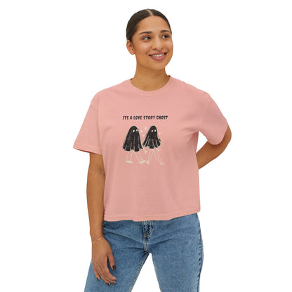 Cute Love Story Ghost Women's Boxy Tee, Fun Casual Top, Halloween Apparel, Gift for Ghost Lovers, Spooky Season Shirt, Relaxed Fit Tee - MaisonThreadory