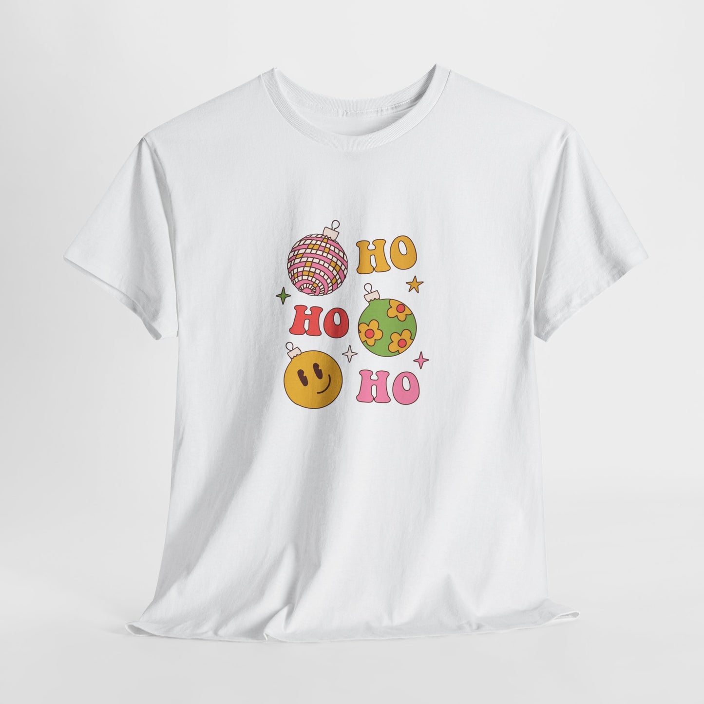 Holiday Ho Ho Ho Graphic Tee — Retro Ornaments & Smiley Face Christmas Shirt