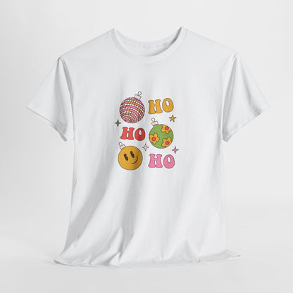 Holiday Ho Ho Ho Graphic Tee — Retro Ornaments & Smiley Face Christmas Shirt