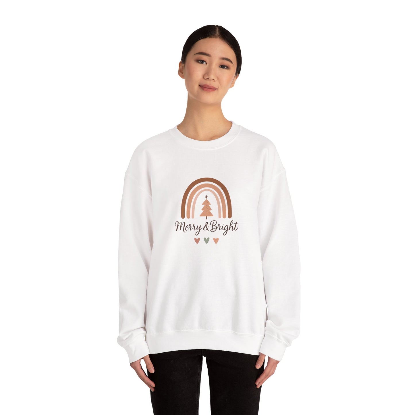 Merry & Bright Christmas Crewneck Sweatshirt — Neutral Rainbow Holiday Sweatshirt