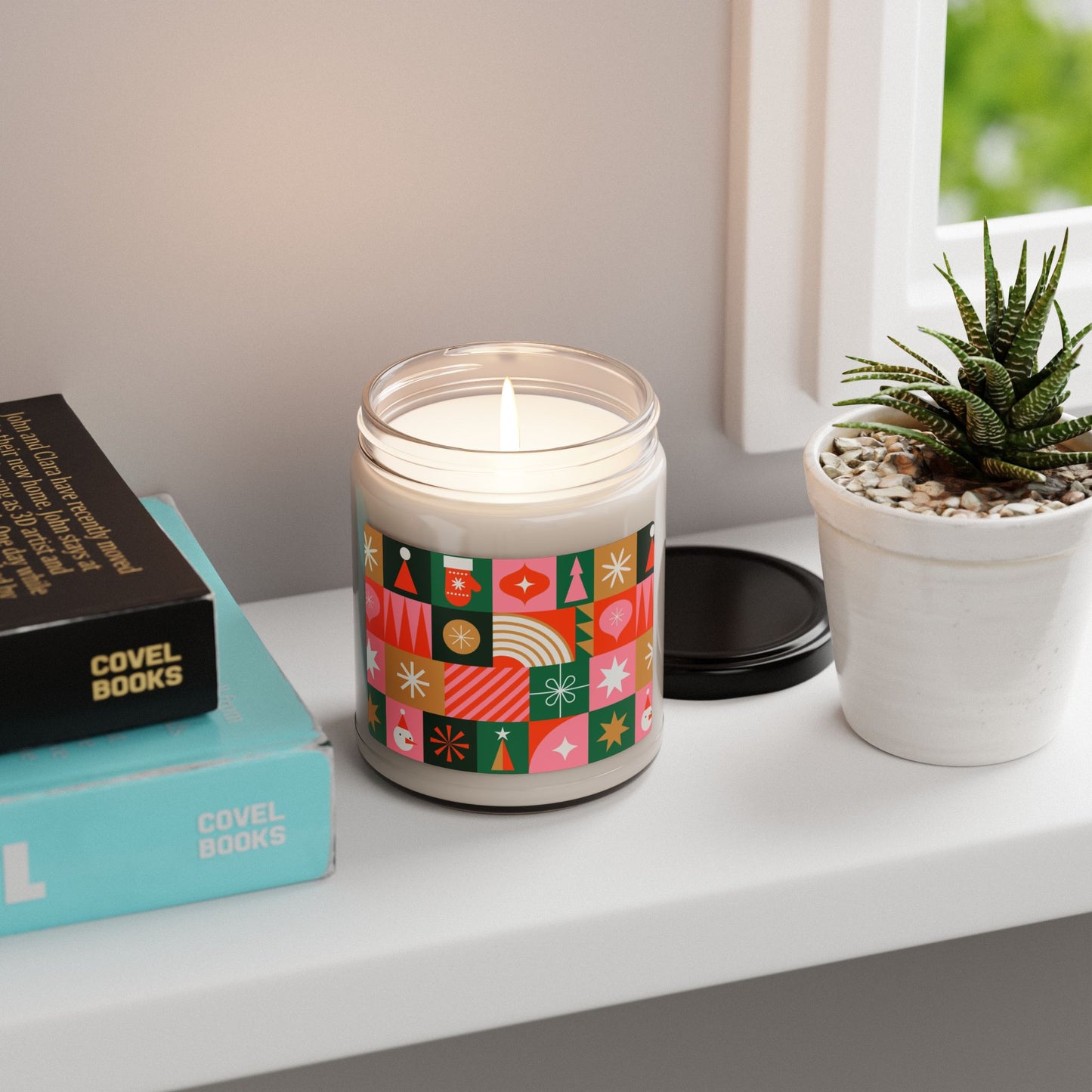 9oz Scented Soy Candle — Warm Spiced Holiday Stars (Red Pattern)