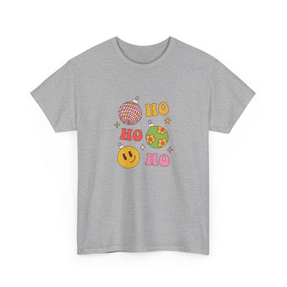 Holiday Ho Ho Ho Graphic Tee — Retro Ornaments & Smiley Face Christmas Shirt