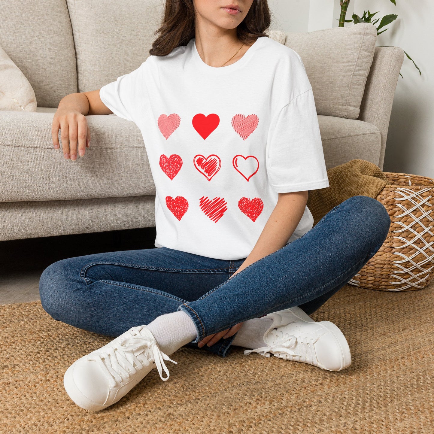 Heart Icons T-Shirt — Red Sketch & Filled Heart Graphic Tee for Valentine’s Day