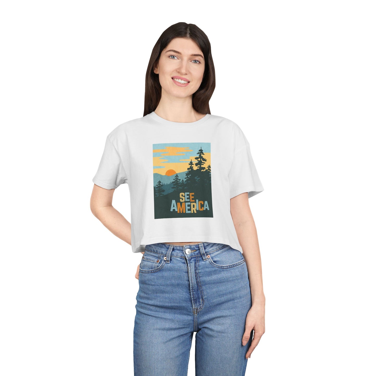 See America Women's Crop Tee, Nature Lover Shirt, Travel Enthusiast Gift, Summer Outfit, Adventure Apparel, Outdoor Style Tee