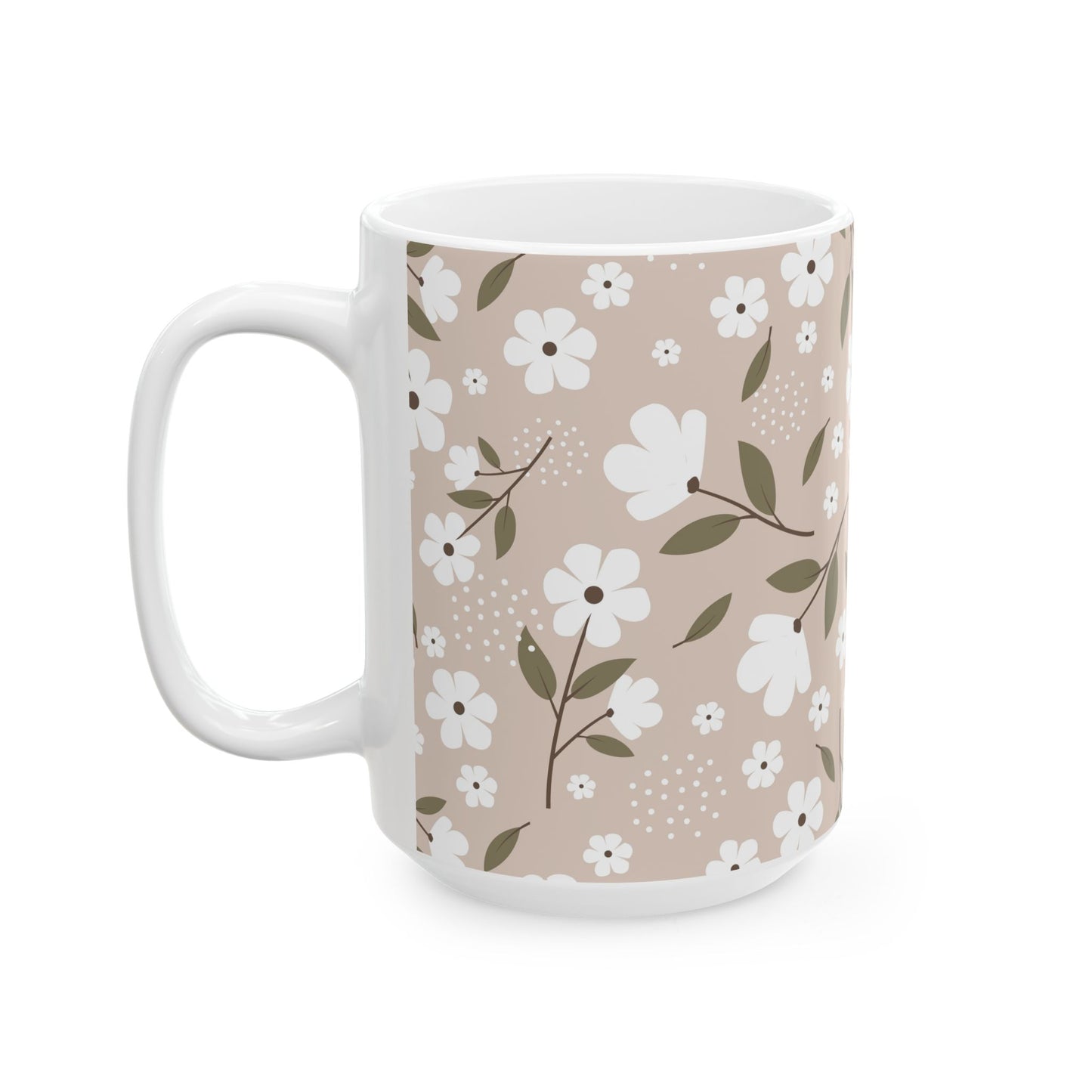 Floral Beige Ceramic Mug — White Blossom Pattern Coffee Cup (11oz & 15oz)