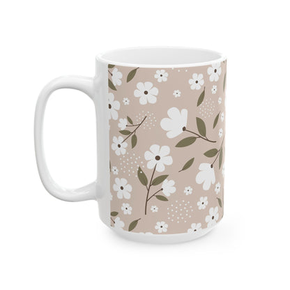Floral Beige Ceramic Mug — White Blossom Pattern Coffee Cup (11oz & 15oz)