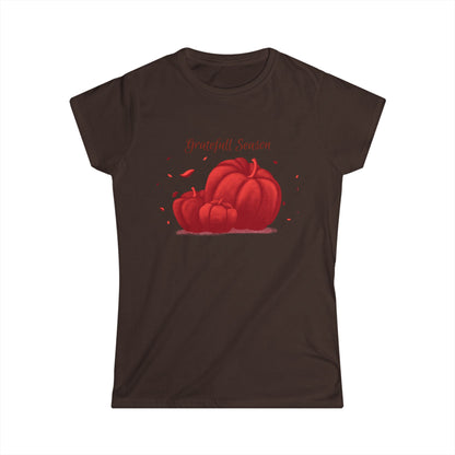 Thankful Season Women's Softstyle Tee, Fall T-Shirt, Thanksgiving Apparel, Pumpkin Graphic Tee, Autumn Outfit - MaisonThreadory