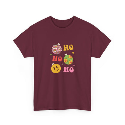 Holiday Ho Ho Ho Graphic Tee — Retro Ornaments & Smiley Face Christmas Shirt