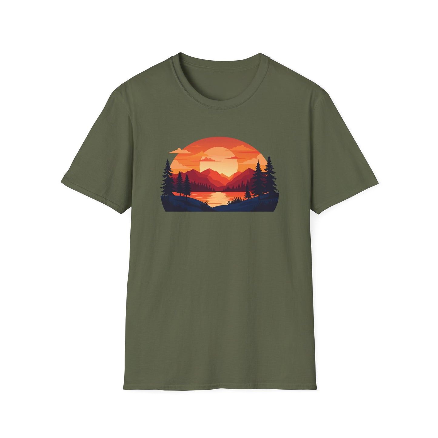 Sunset Mountain Lake T-Shirt — Retro Nature Graphic Tee for Outdoors Lovers