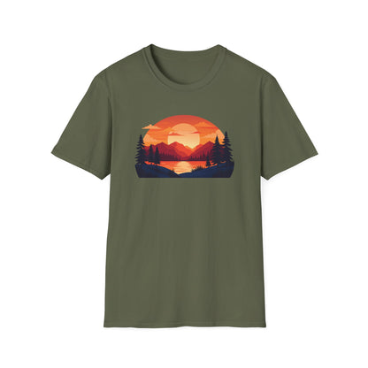 Sunset Mountain Lake T-Shirt — Retro Nature Graphic Tee for Outdoors Lovers