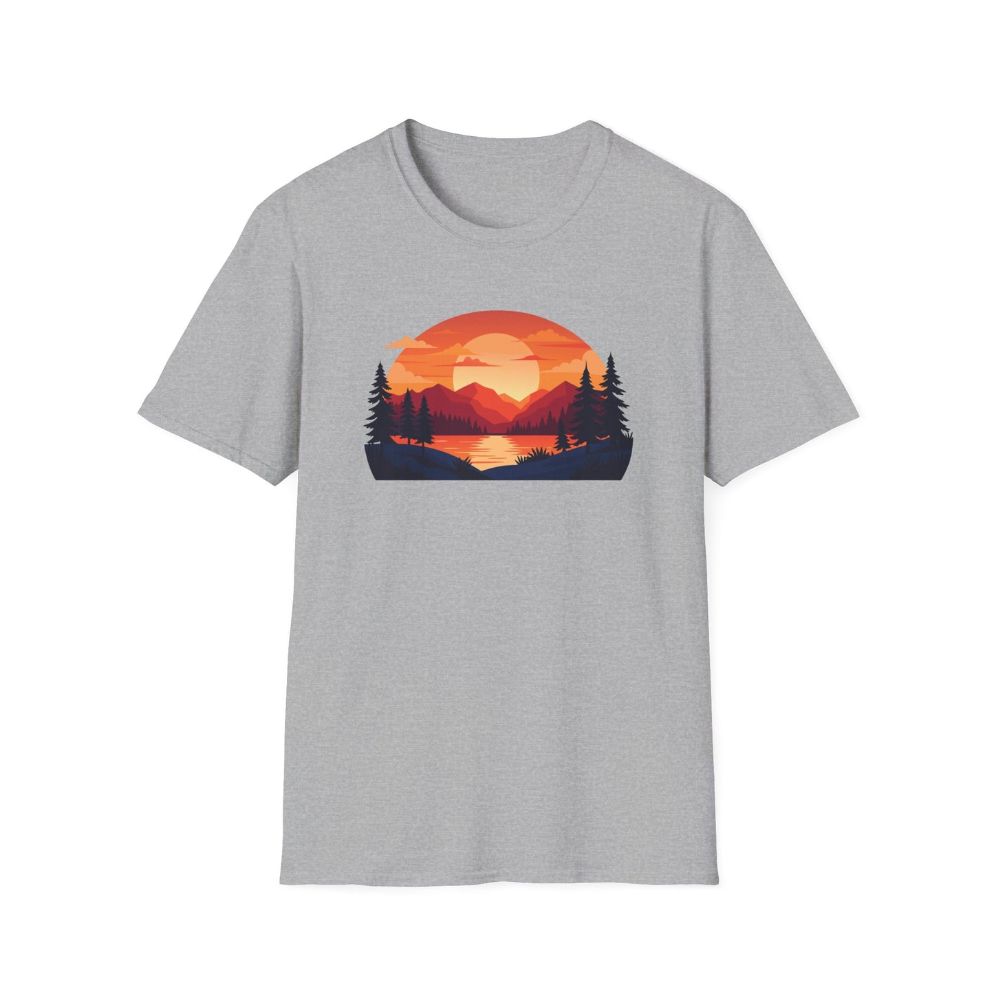 Sunset Mountain Lake T-Shirt — Retro Nature Graphic Tee for Outdoors Lovers