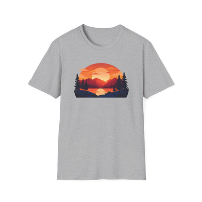 Sunset Mountain Lake T-Shirt — Retro Nature Graphic Tee for Outdoors Lovers