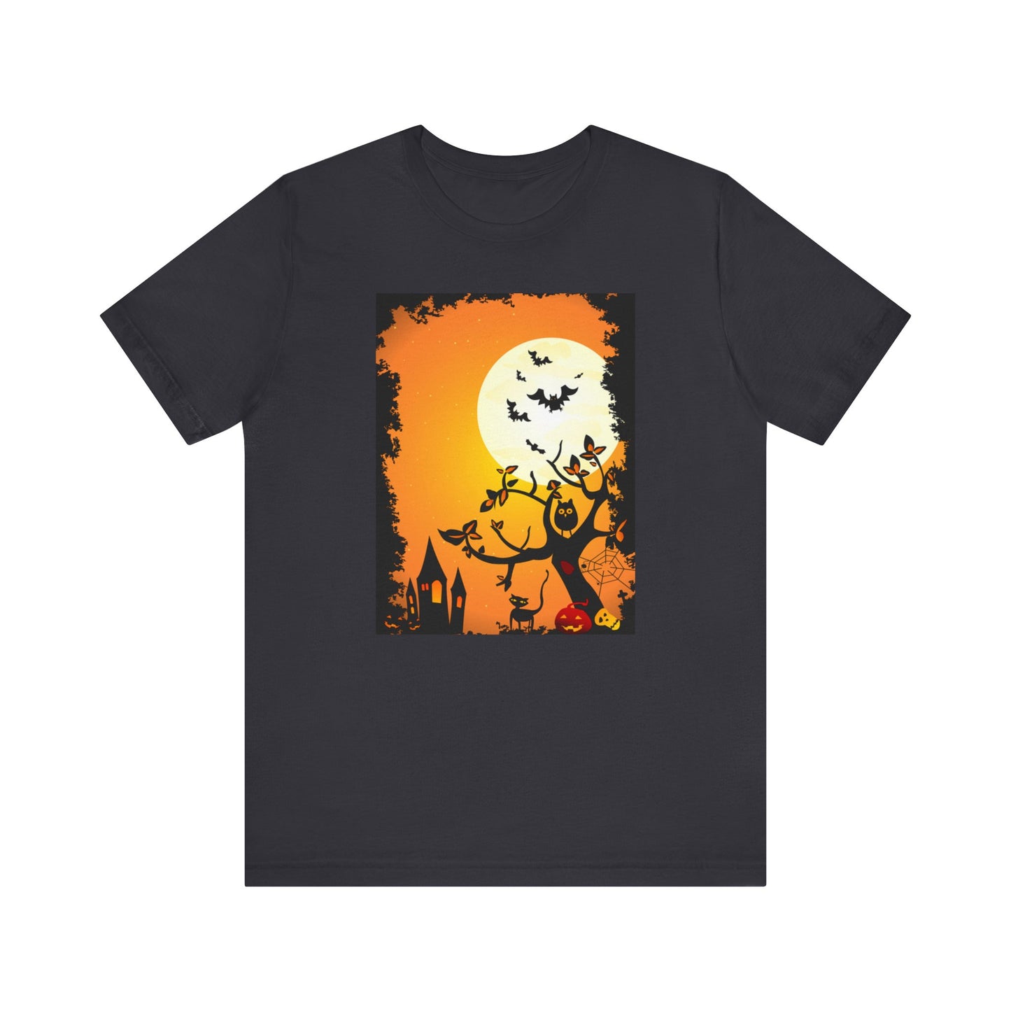 Halloween-Themed Unisex Tee, Spooky T-Shirt, Graphic Halloween Shirt, Fall Apparel, October Celebrations, Pumpkin and Bat Design