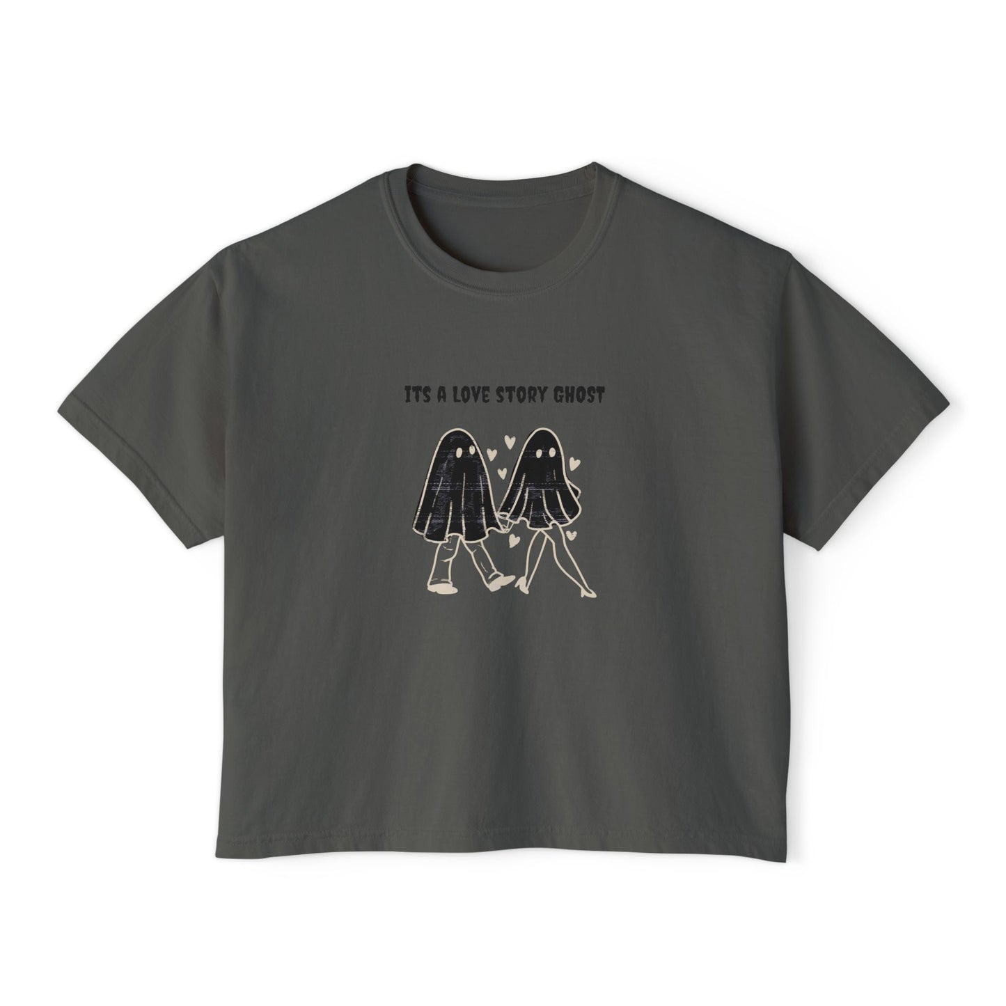 Cute Love Story Ghost Women's Boxy Tee, Fun Casual Top, Halloween Apparel, Gift for Ghost Lovers, Spooky Season Shirt, Relaxed Fit Tee - MaisonThreadory