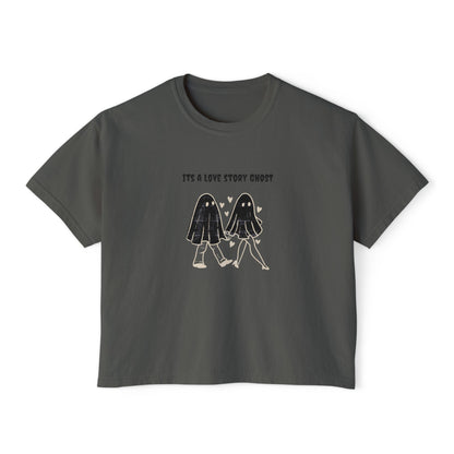 Cute Love Story Ghost Women's Boxy Tee, Fun Casual Top, Halloween Apparel, Gift for Ghost Lovers, Spooky Season Shirt, Relaxed Fit Tee - MaisonThreadory