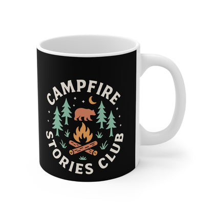 Campfire Stories Club Mug — Outdoor Camping Coffee Cup with Bear & Trees Design