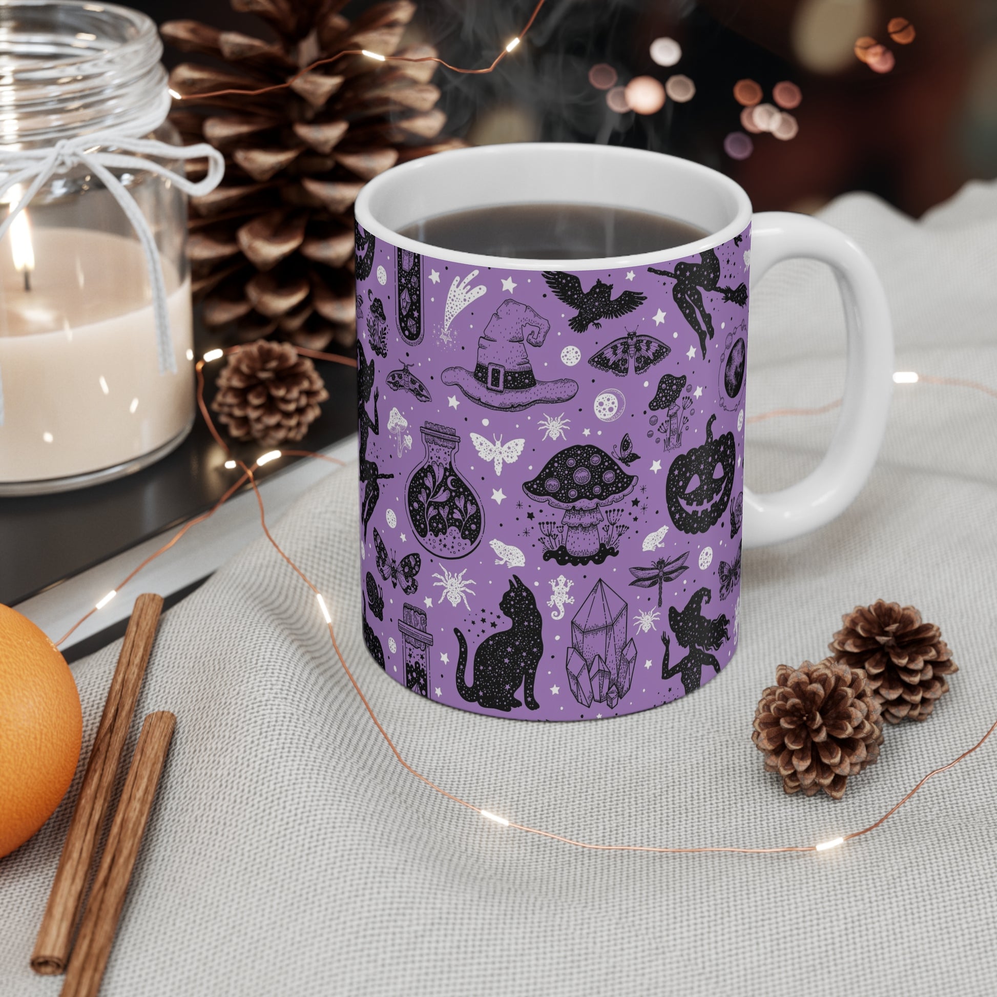 Magical Witchy Mug, 11oz Coffee Cup for Halloween, Witchcraft Gift, Cozy Drinkware, Crystal and Cat Design - MaisonThreadory