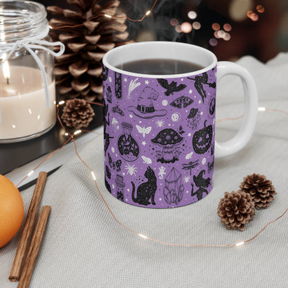 Magical Witchy Mug, 11oz Coffee Cup for Halloween, Witchcraft Gift, Cozy Drinkware, Crystal and Cat Design - MaisonThreadory