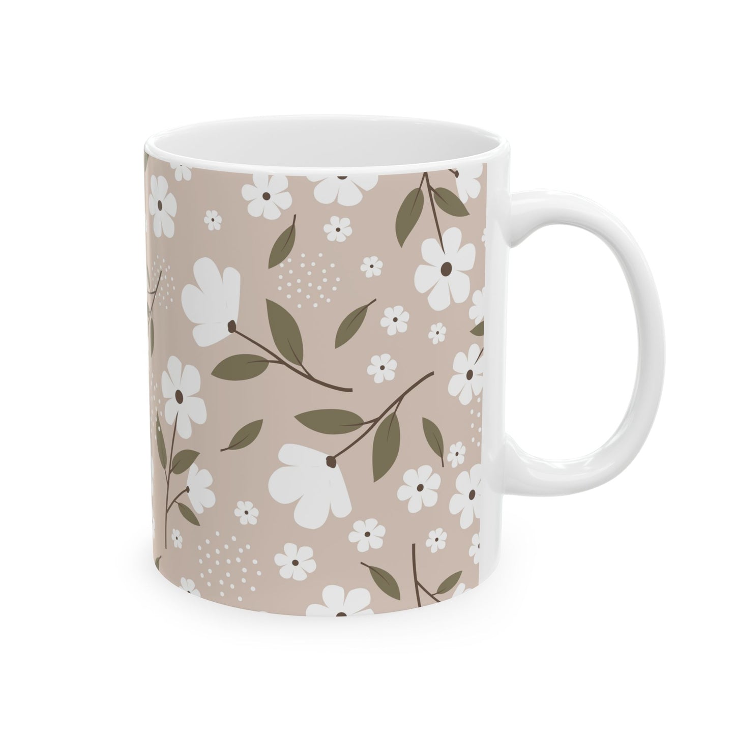 Floral Beige Ceramic Mug — White Blossom Pattern Coffee Cup (11oz & 15oz)