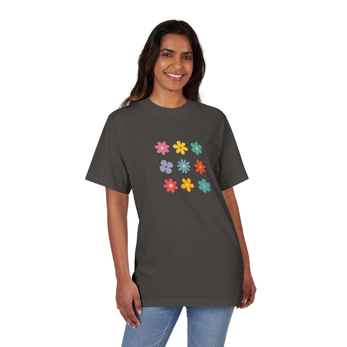Floral Grid Tee — Colorful Retro Flowers Graphic T-Shirt