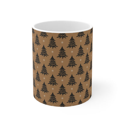 Christmas Tree Pattern Ceramic Mug — Rustic Brown Holiday Coffee Cup (11oz)